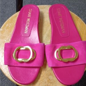 Stuart Weitzman Hot Pink Suede Slide Sandals with Gold Buckle